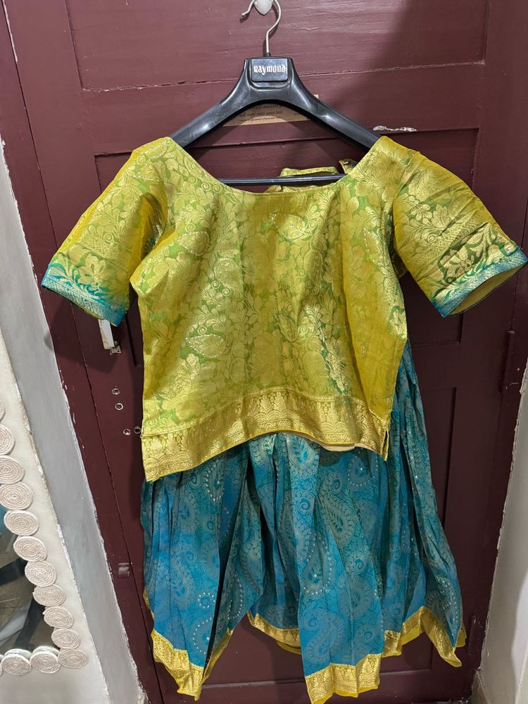 Yellow &amp; Teal Brocade Lehenga Choli Set