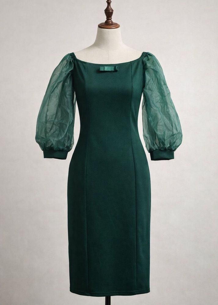 Dark Green Midi Dress with Sheer Sleeves – Elegant