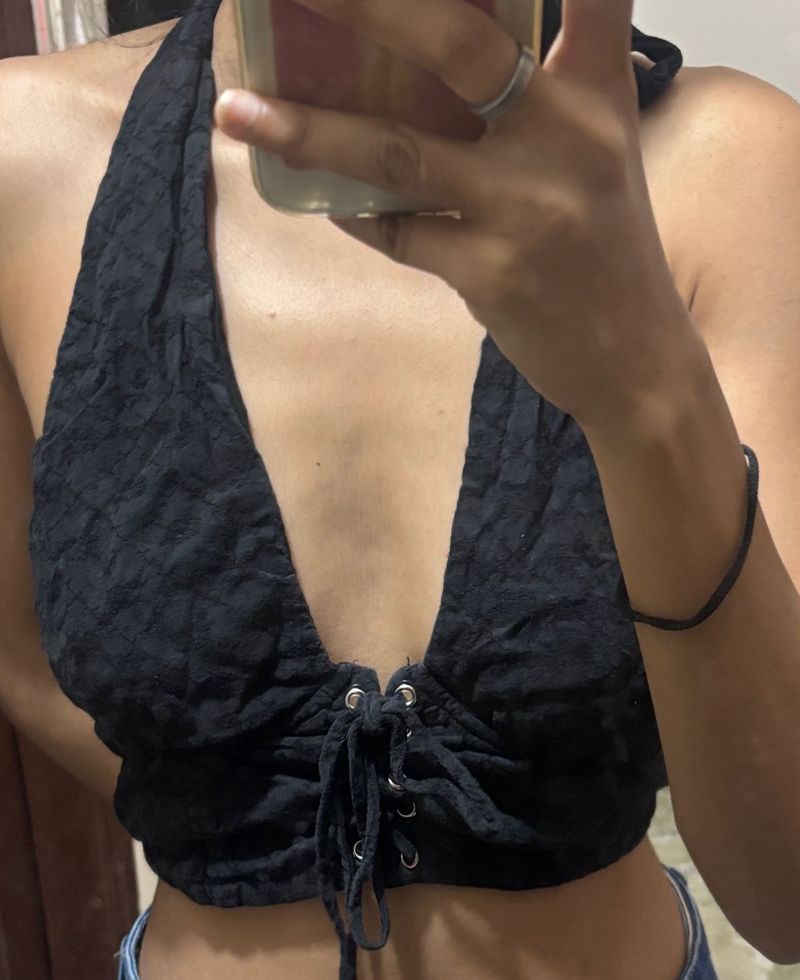 Black Halter Neck Lace-Up Crop Top
