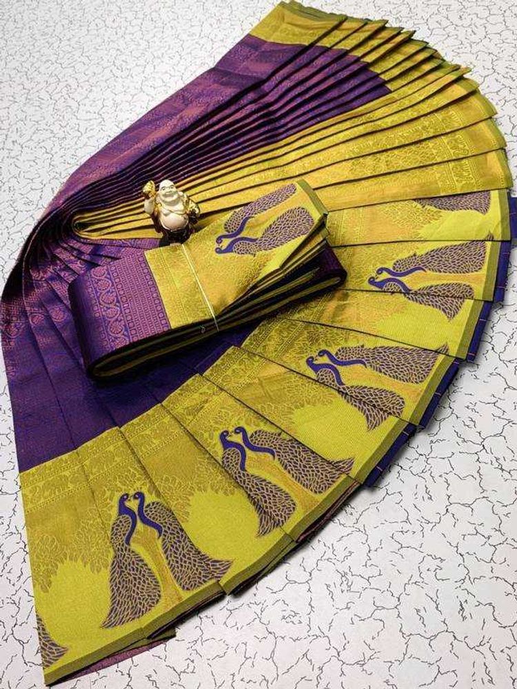 Elegant Purple &amp; Yellow Peacock Saree