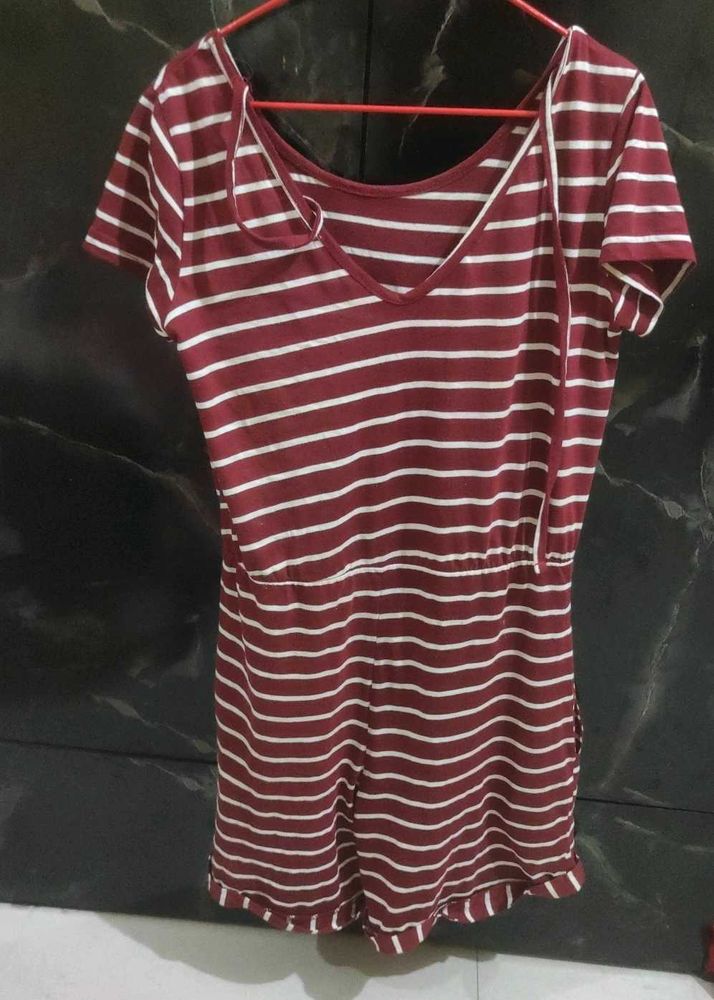 Maroon &amp; White Striped Romper