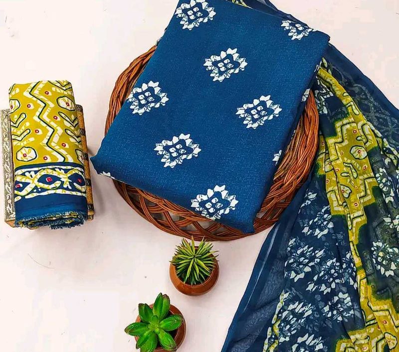 Blue Printed Unstitched Kurta Set materials