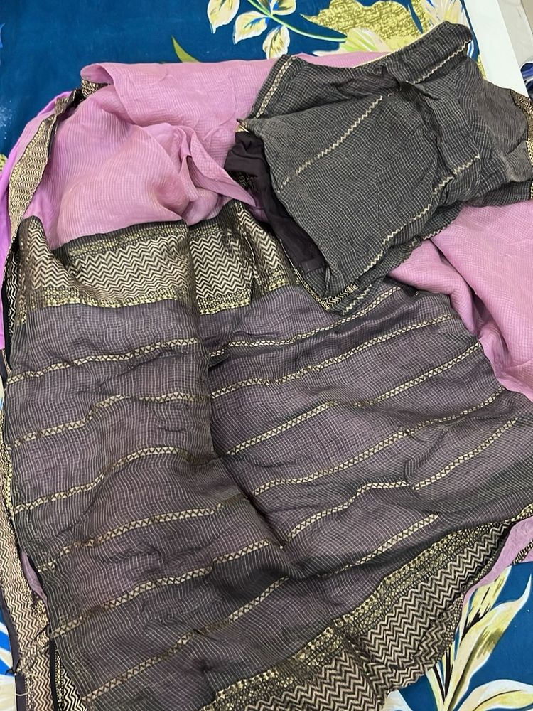 Elegant lavender and black Saree with Gold Border