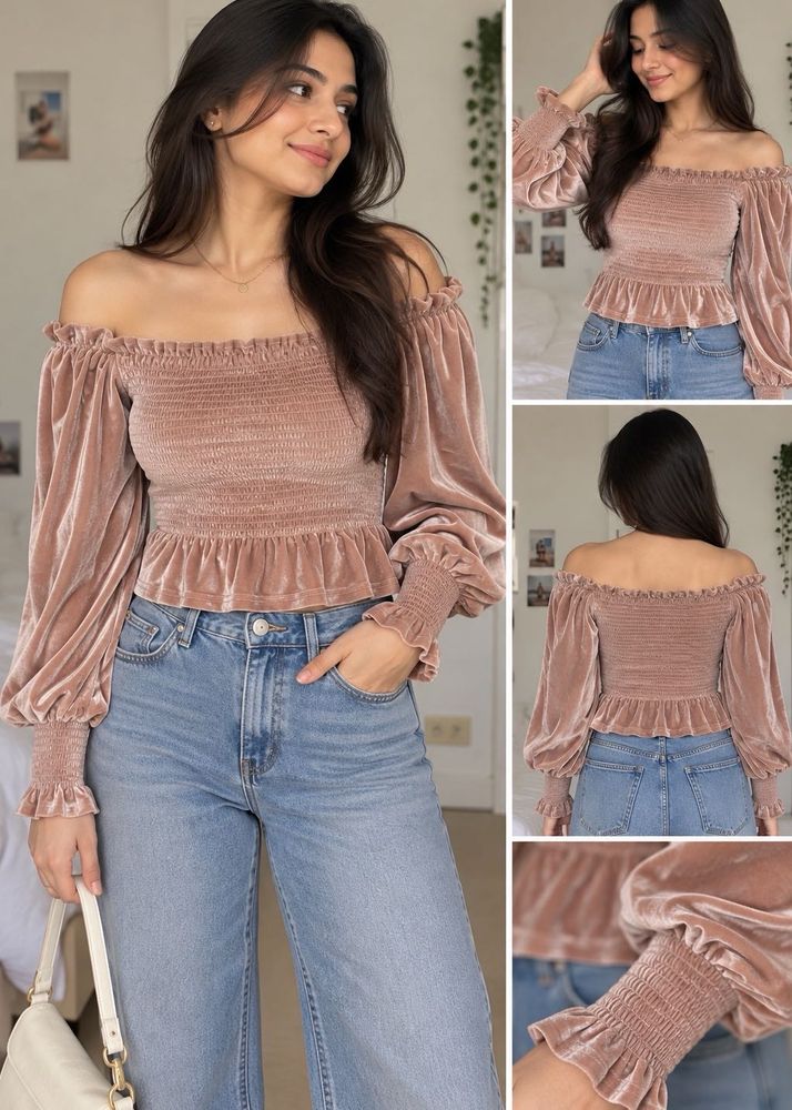Smocked Velvet Off-Shoulder Top