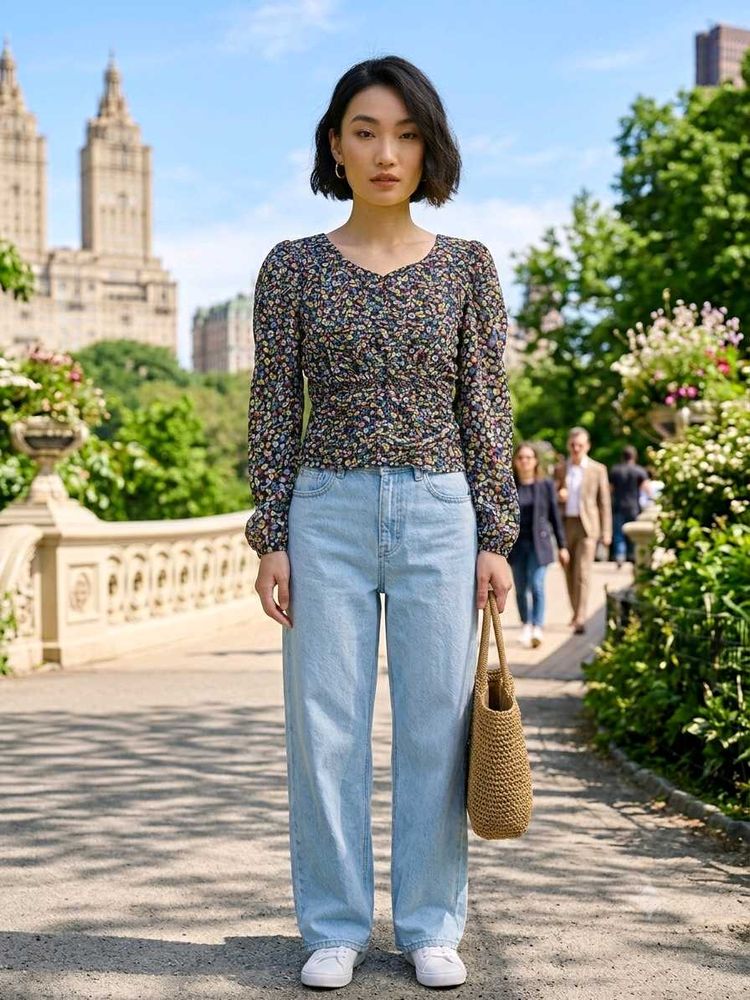 Floral Print Long Sleeve V-Neck Top
