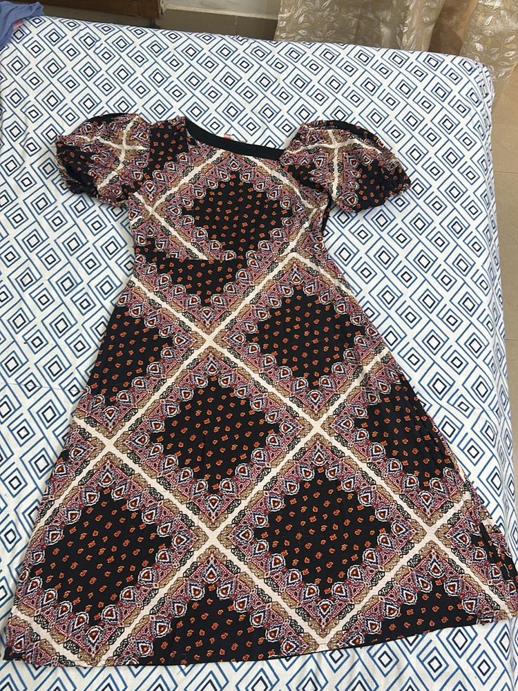 Boho Patterned Puff Sleeve Dress