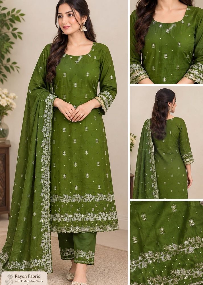 Olive Green Embroidered Kurta Set