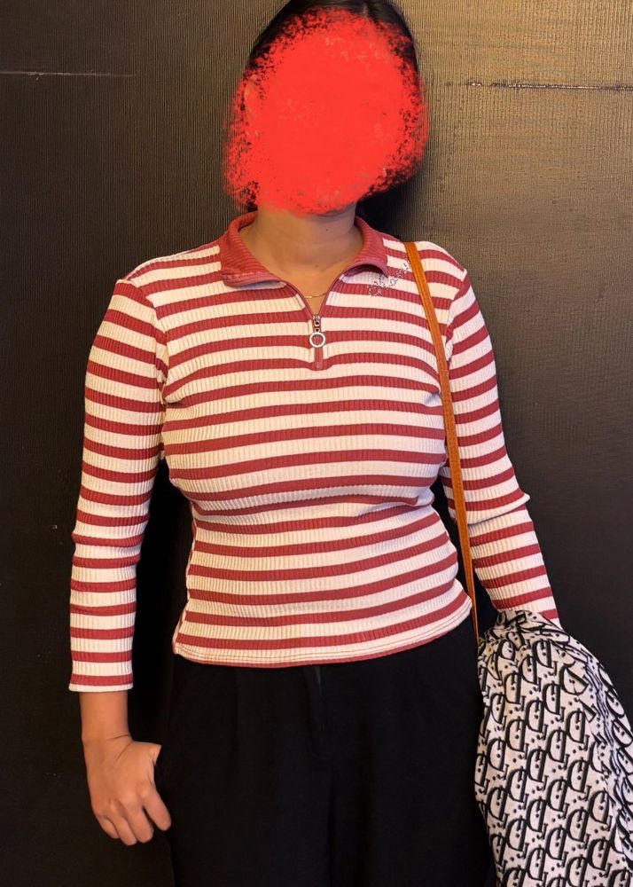 Striped Collared Zip-Up Top