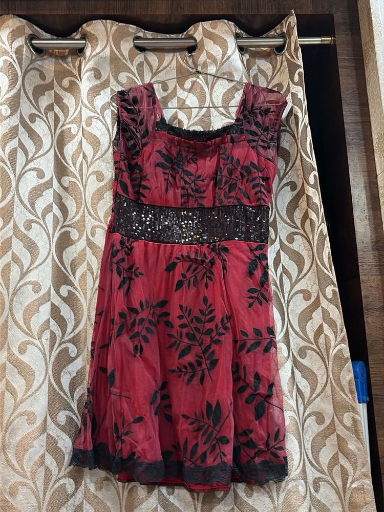 Red Leaf Print Dress with Sequins