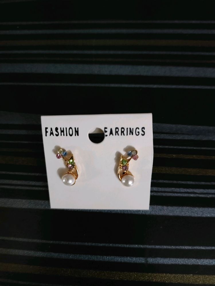 Small Faux Pearl Earring With Multi Colour Stones