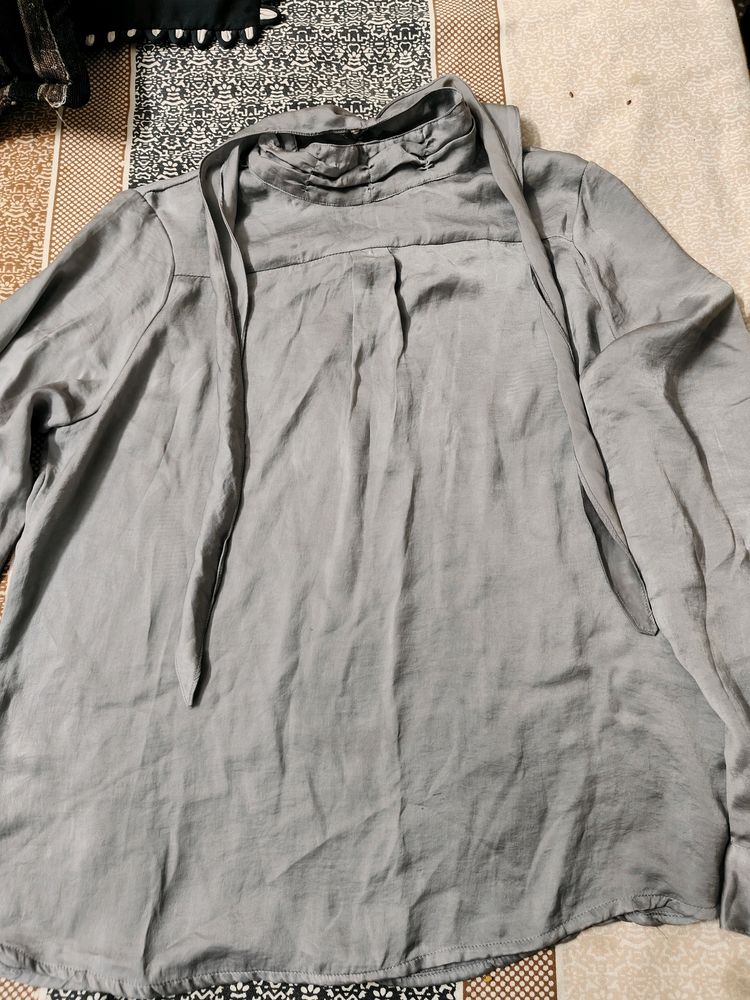 Silky Gray Tie-Neck Blouse