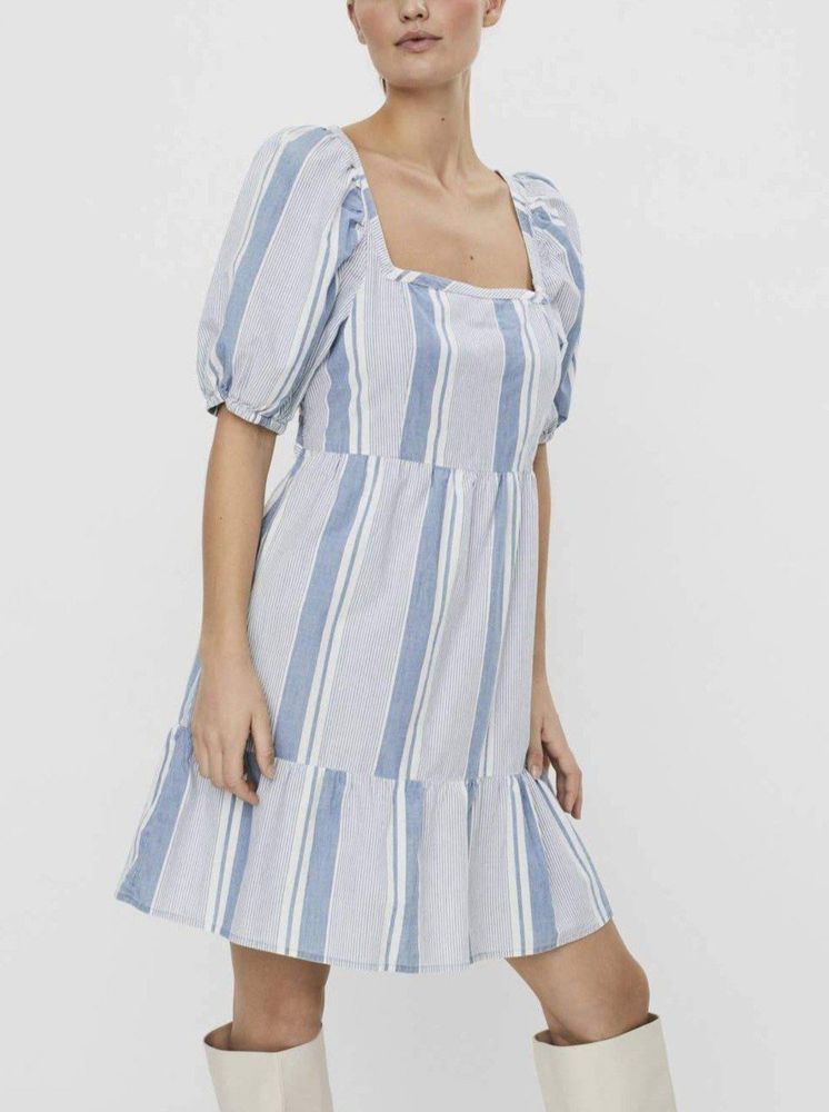 Blue Striped Puff Sleeve Square Neck Dress