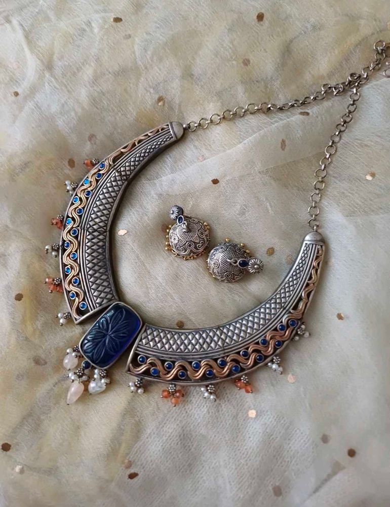 Brass Necklace &amp; Earring Set with handcarved stone