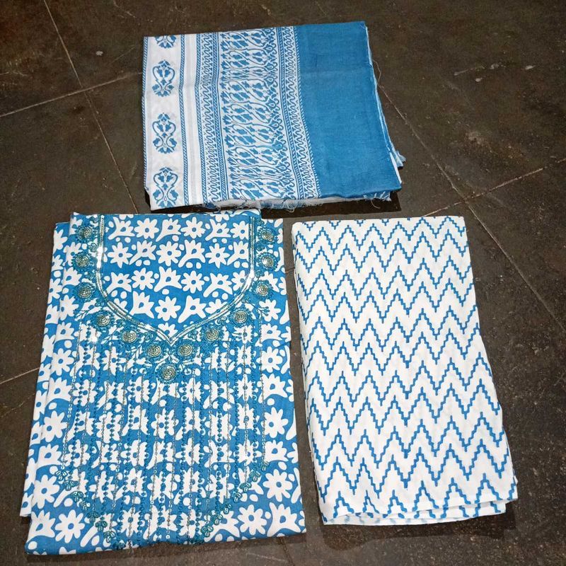Blue White Printed top bottom with Dupatta