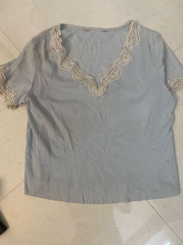 Light Blue Lace Trim V-Neck Top