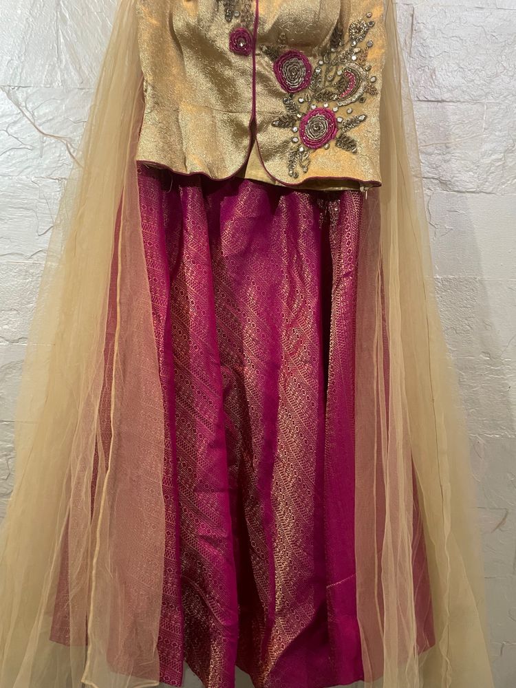 Elegant Gold &amp; Pink Brocade Lehenga Set