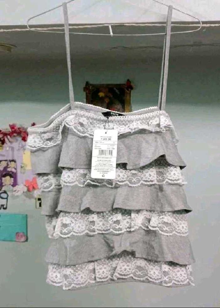 Ruffled Lace Trim Grey Top