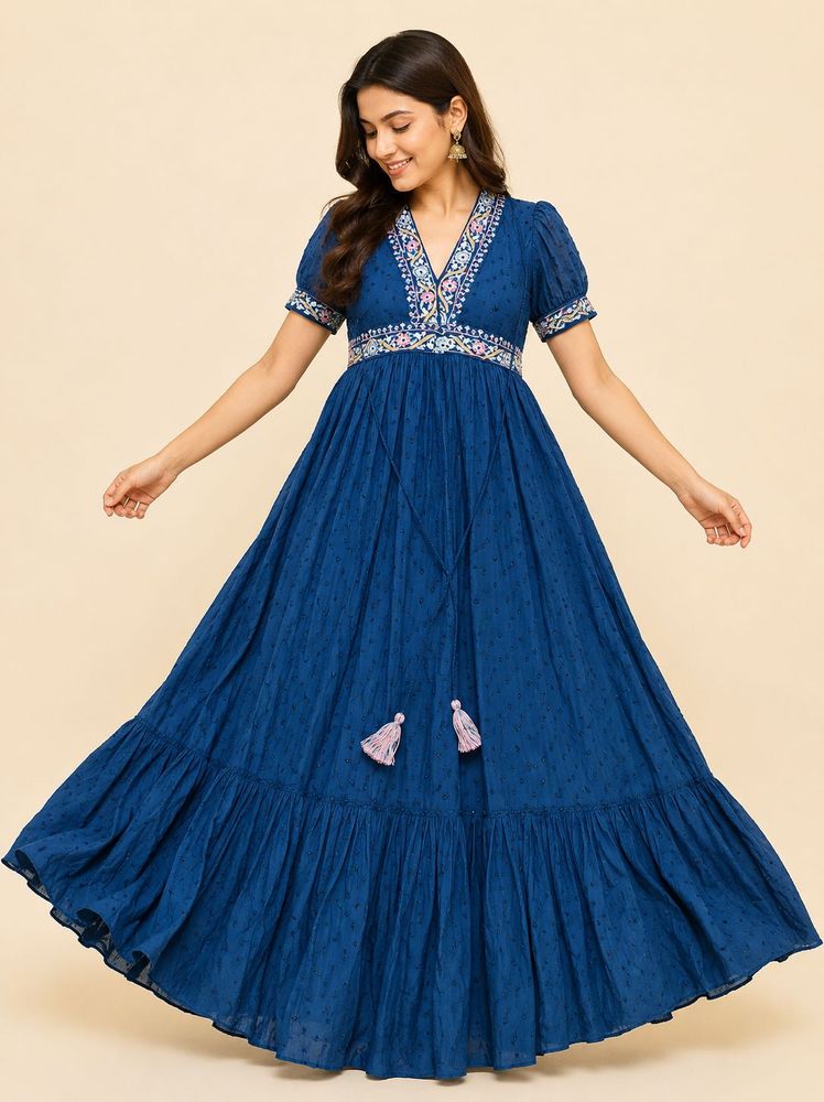 Elegant Blue Embroidered Maxi Dress