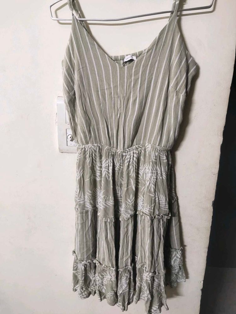 Tiered Striped &amp; Leaf Print Sundress