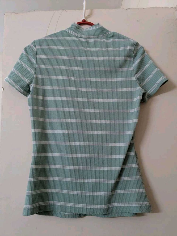 Striped Ribbed High Neck T-shirt