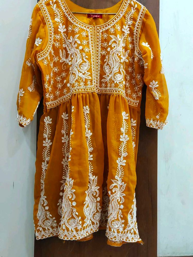 Beautiful Yellow Kurta with White Embroidery