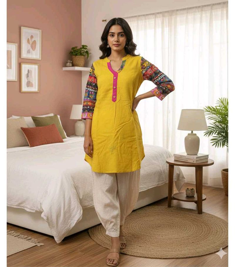 Yellow Embroidered Print Kurti