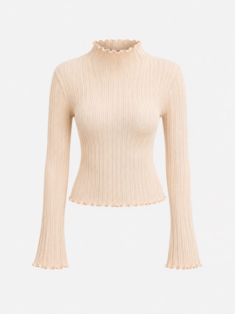 Ribbed Mock Neck Top with Lettuce Trim