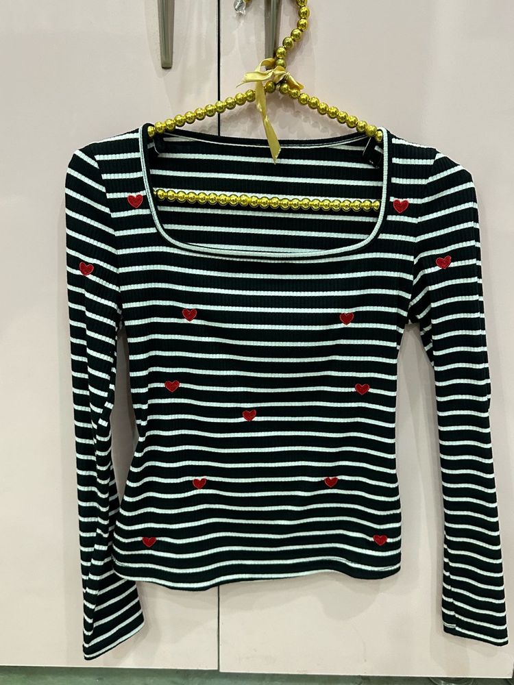 Black &amp; White Striped Heart Top