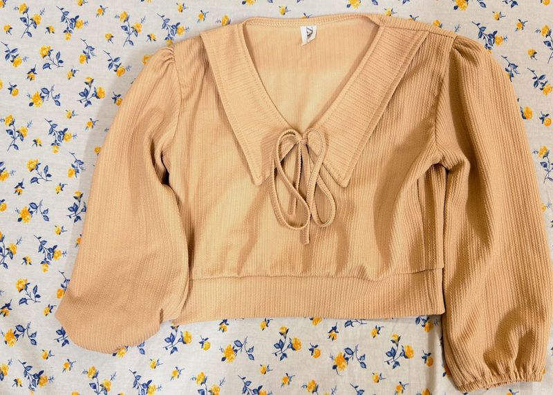 Cute Beige Ribbed Top/Blouse with Tie Collar