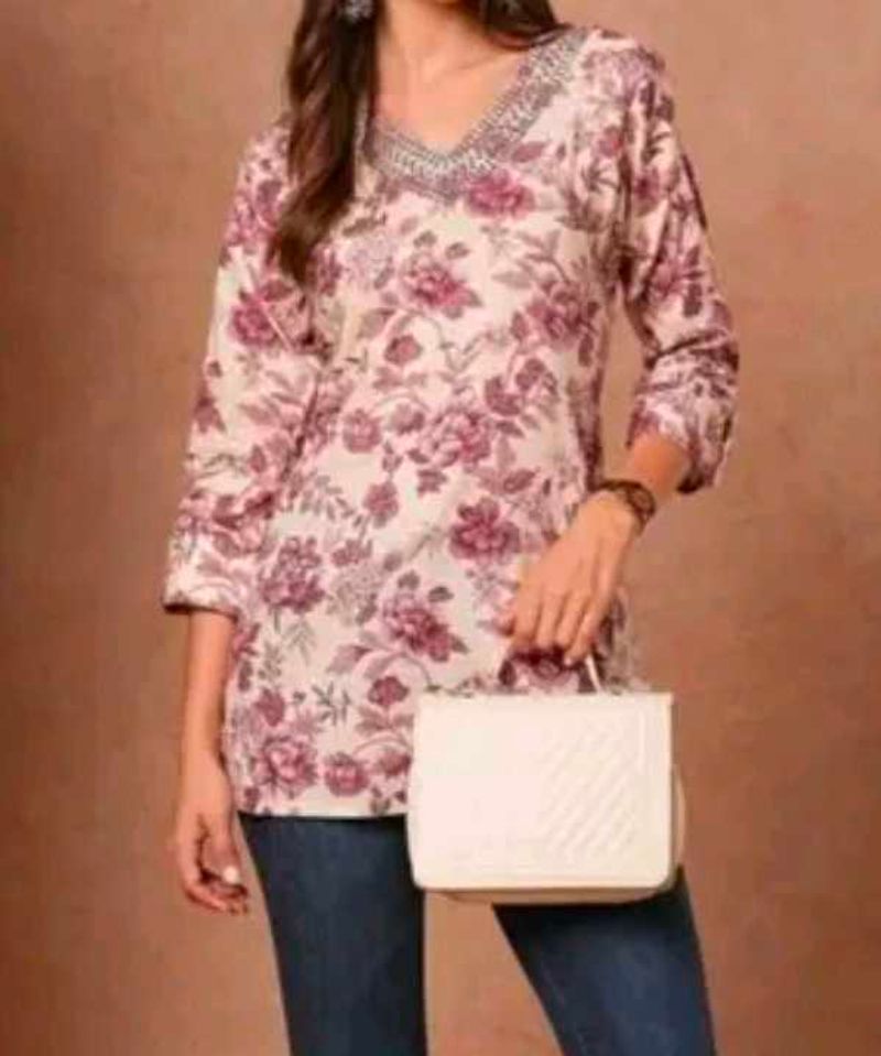 Floral Print Kurta with Embellished Neckline