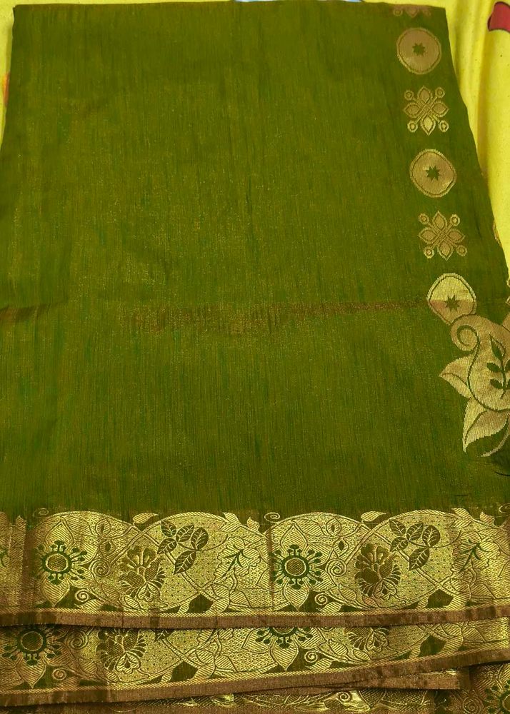 Elegant Olive Green Saree with Gold Border