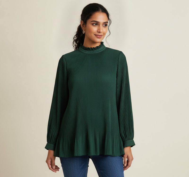 Lightweight Pleated High Neck Long Sleeve Top