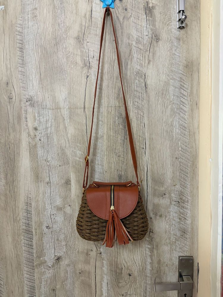 Woven Crossbody Bag with Tassels