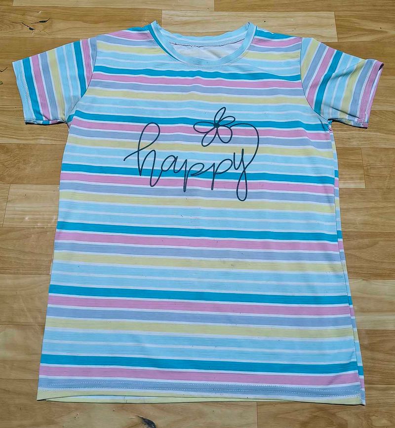 Striped T-Shirt with "Happy" Graphic