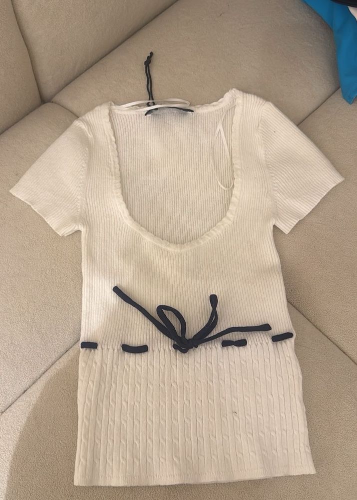 bershka White Ribbed Knit Top with bow