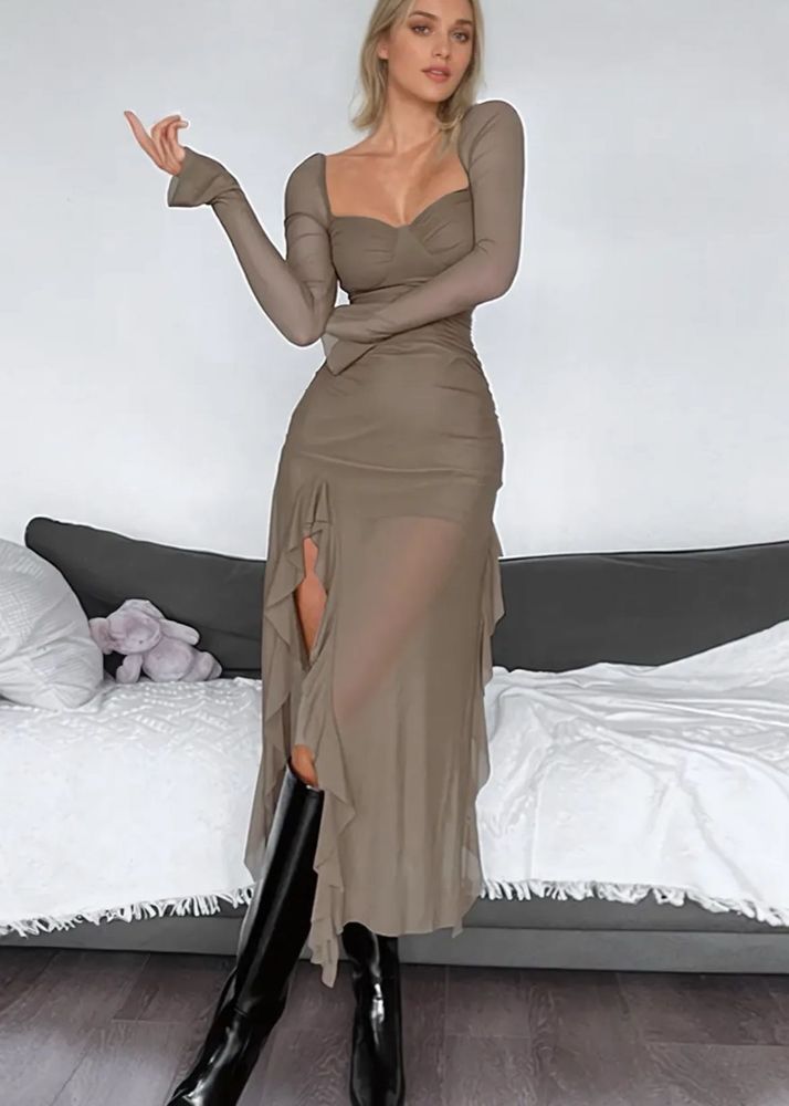 Newme Brown Ruched Midi Dress - XS