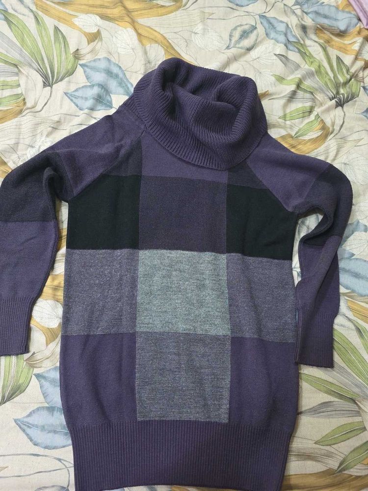 Cozy Purple &amp; Grey Plaid Turtle Neck Sweater