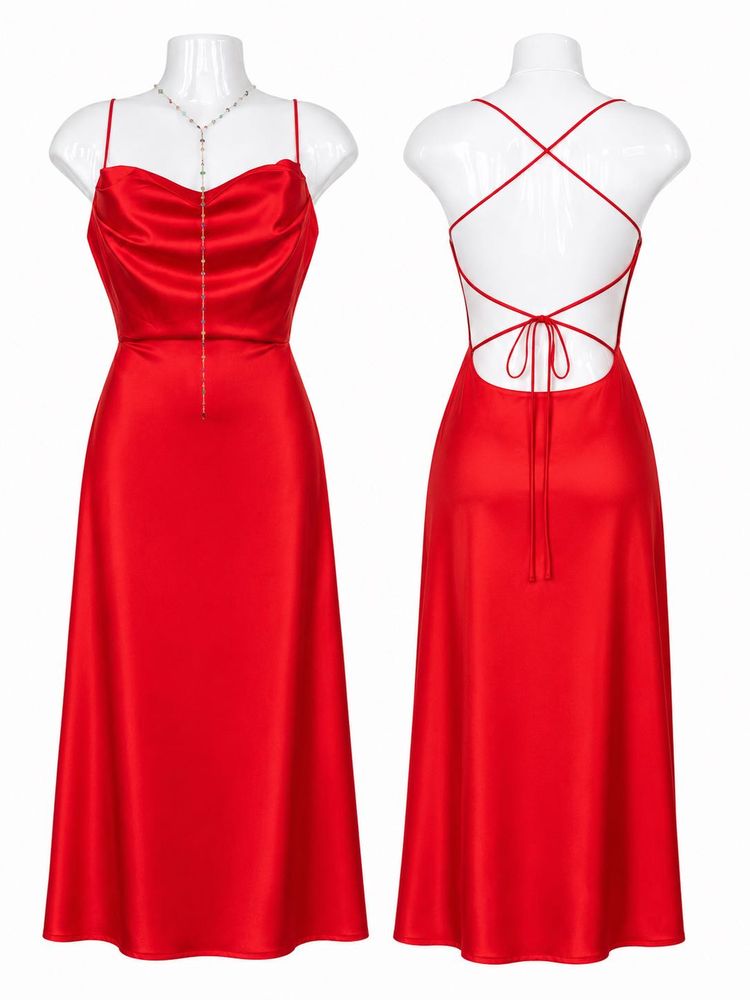 Red Satin Slip Dress with Open Back