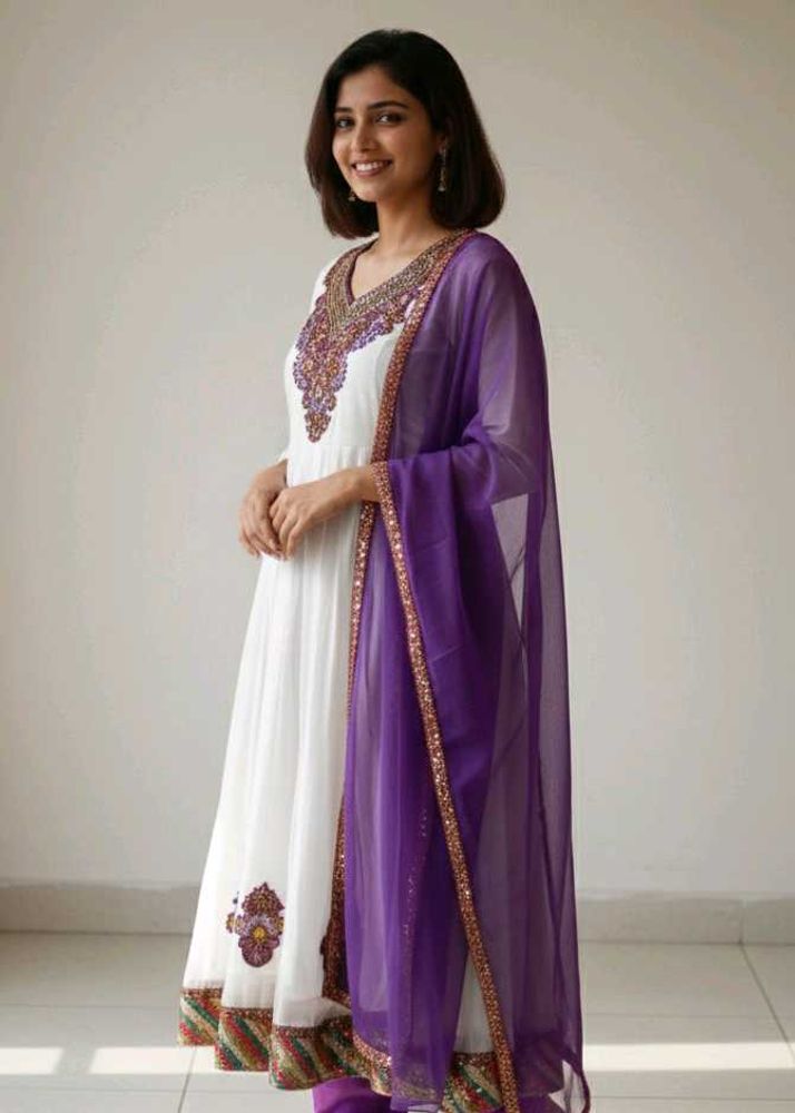 Elegant White &amp; Purple Anarkali Suit