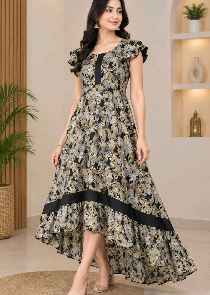 Elegant Paisley Print High-Low Gown