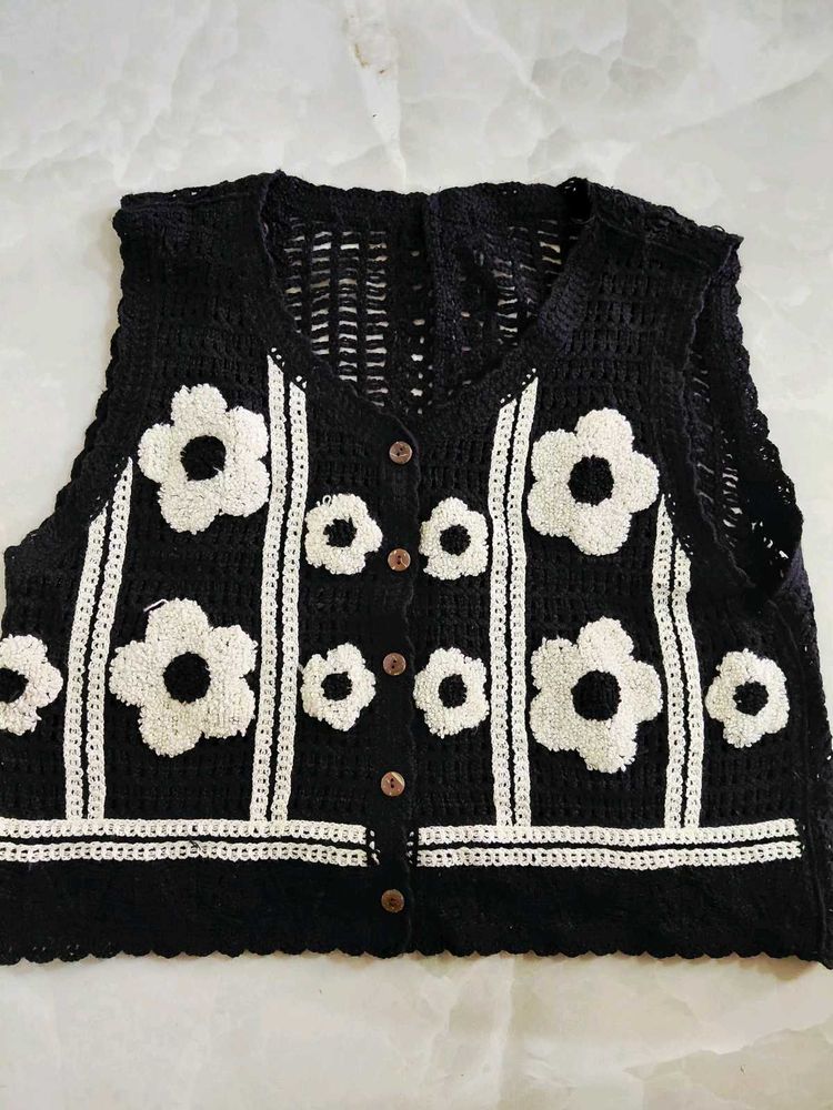 brand new Vintage Black Floral Crochet Vest