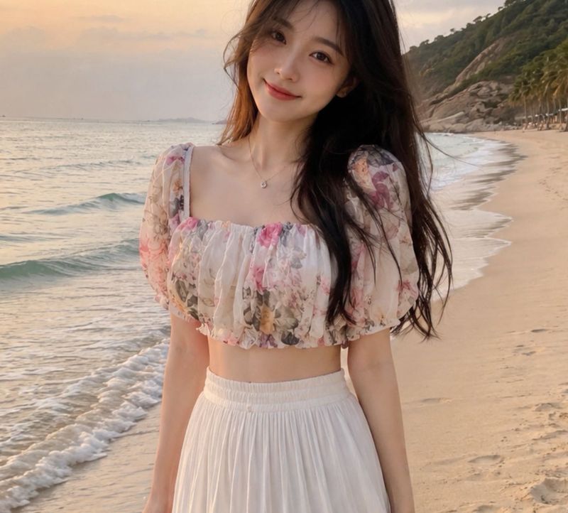 Floral Print Puff Sleeve Crop Top