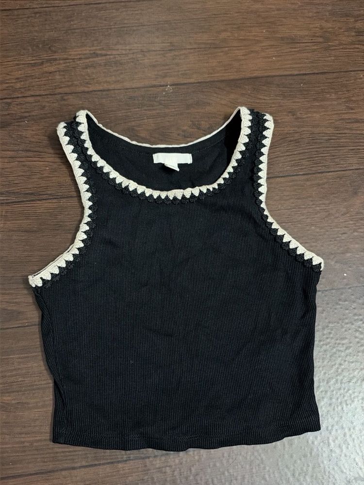 Black Ribbed Tank Top with Crochet Trim