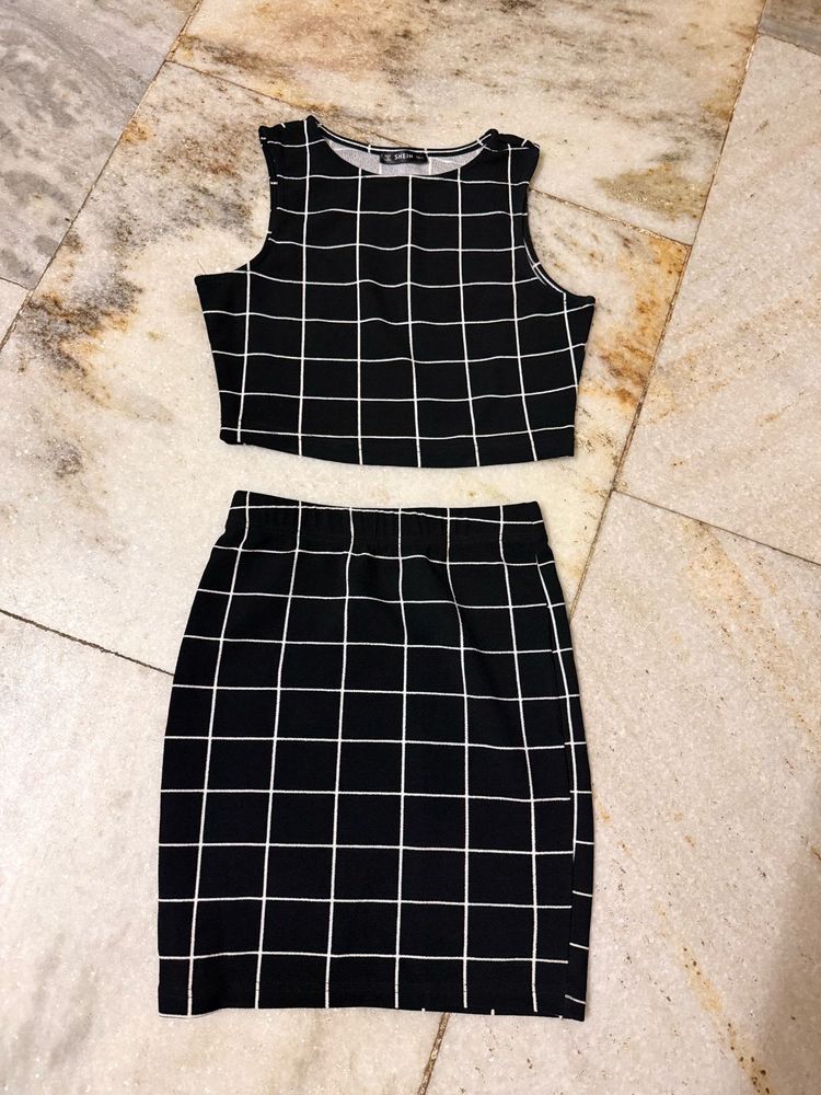 Black &amp; White Grid Crop Top &amp; Skirt Set