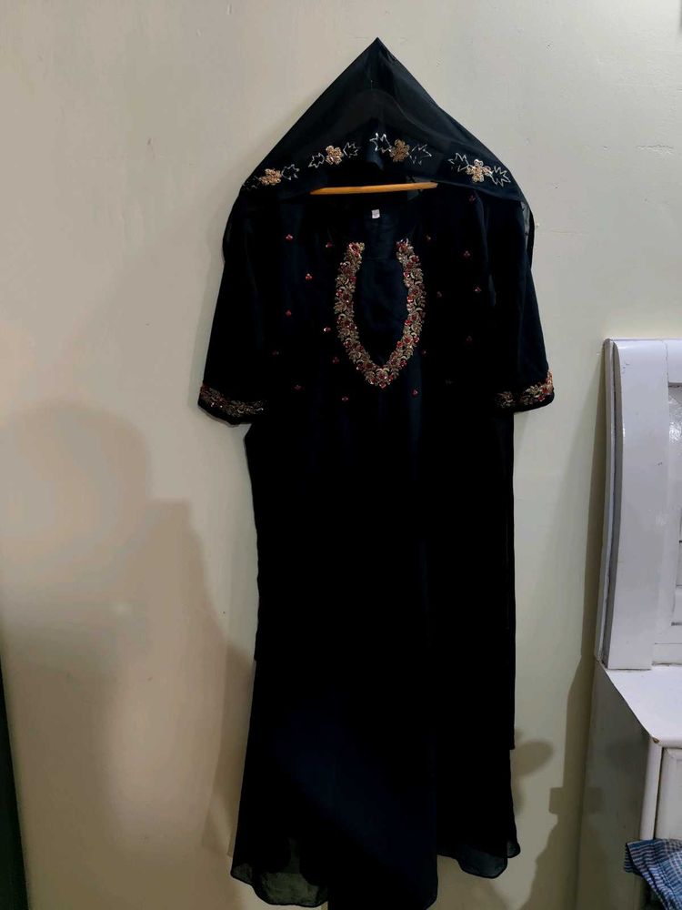 Elegant Black Handwork Aline Kurta with Dupatta