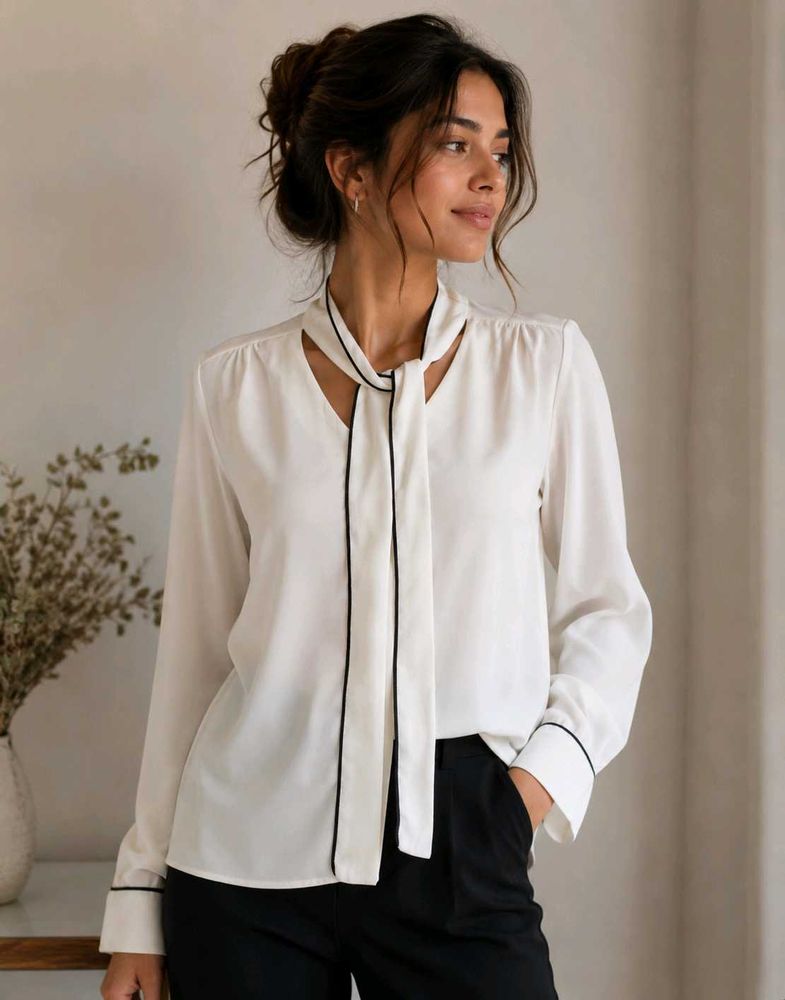 Chic White Pussybow Blouse with Black Trim
