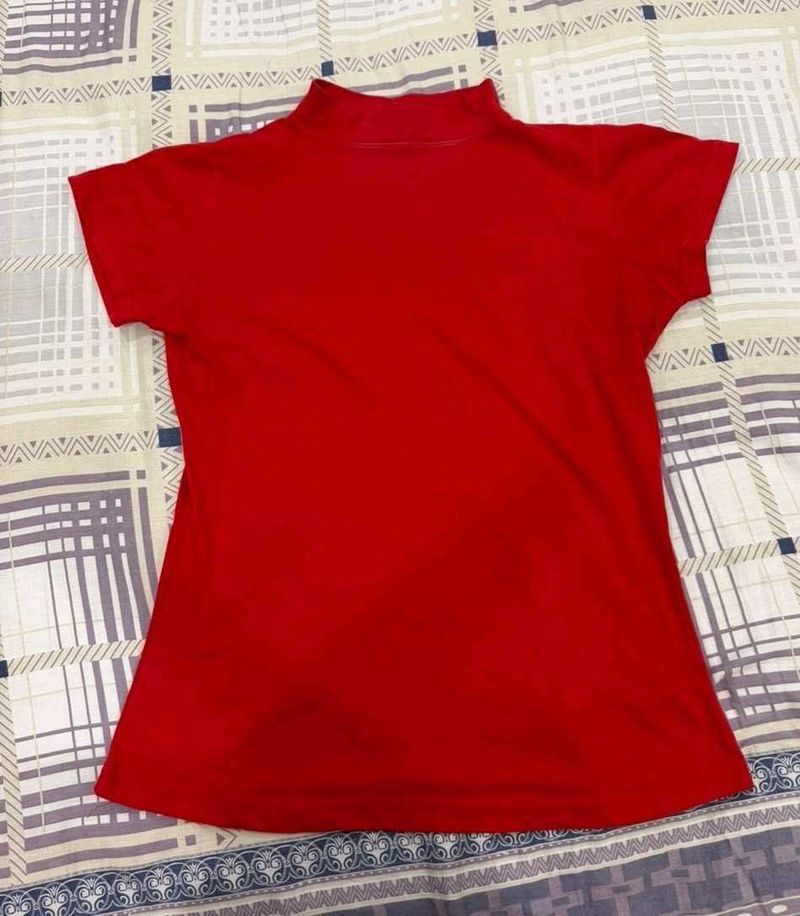 Red Mock Neck T-Shirt