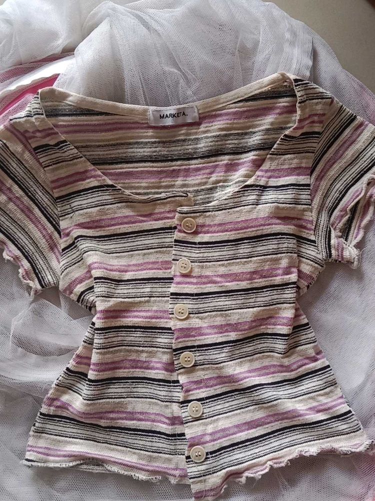 Striped Button-Up crop t shirt