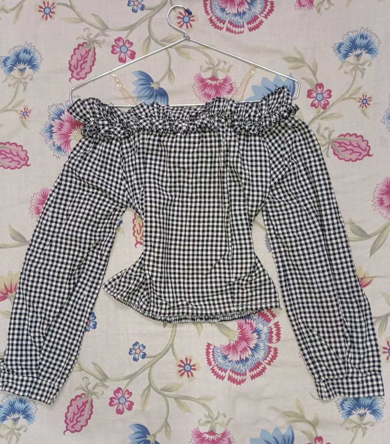 Gingham Off-Shoulder Ruffled Top