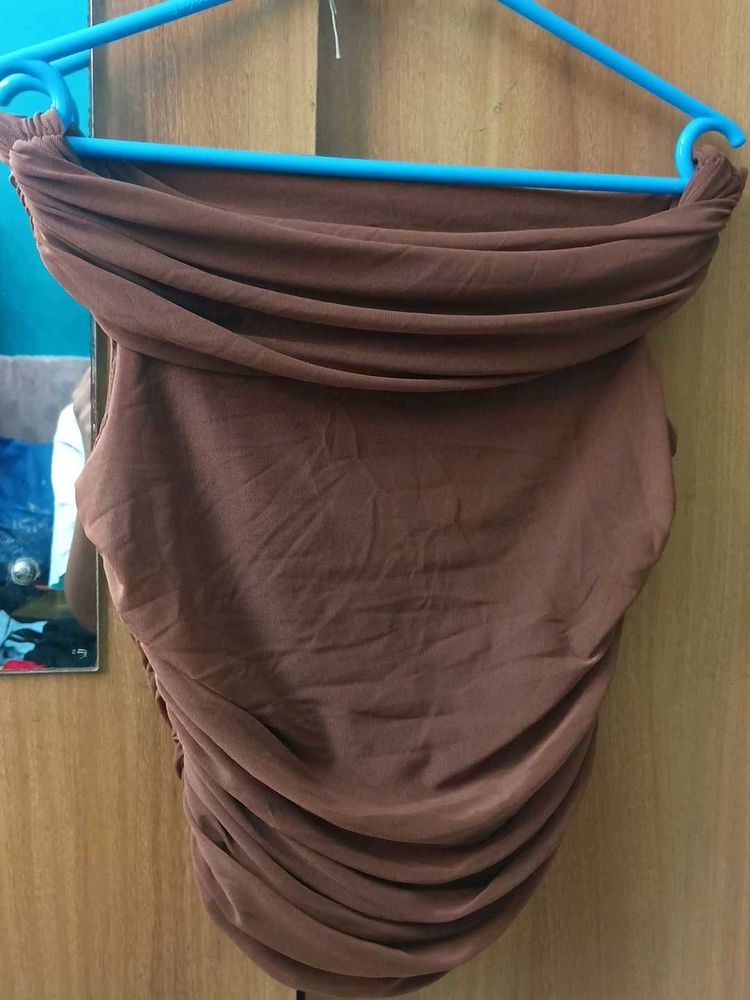 Brown Ruched Off-Shoulder Dress